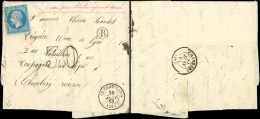 Let EMPIRE NON DENTELE - 14B  20c. Bleu, T II, Obl. PC S. LAC, Càd T15 LE CHATELARD 30/1/63, Taxe 30, Mention "Taxe Pour - 1849-1876: Période Classique