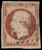 EMPIRE NON DENTELE - 18    1f. Carmin, Obl. PC, Au Filet Dans Un Angle, Sinon TB, Certif. JF Brun - 1853-1860 Napoleon III