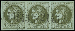 EMISSION DE BORDEAUX - 39Ba  1c. Olive Foncé, R II, BANDE De 3 Obl. GC 2145, Superbe. C - 1870 Bordeaux Printing