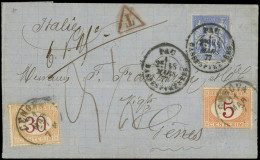 Let TYPE SAGE SUR LETTRES - N°78 Obl. Càd T18 PAU 18/3/77 S. LAC Pour GENOVA 21/3 Avec 2 T. Taxe ITALIENS 5c. Et 30c., T - 1877-1920: Semi Modern Period