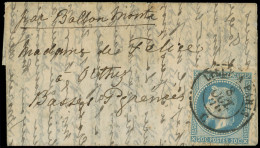Let BALLONS MONTES - N°29A Obl. Càd Amb. LILLE A PARIS 8/10/70 S. Très Petite LAC, Arr. ORTHEZ 10/10, Superbe, PLI CONFI - Guerre De 1870