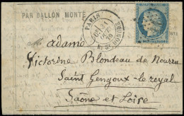 Let BALLONS MONTES - N°37 Obl. Etoile 11 S. LAC Formule, Càd R. St Honoré 31/10/70, Arr. St GENGOUX-LE-ROYAL 4/11, TB. L - War 1870