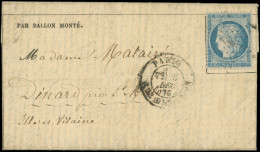 Let BALLONS MONTES - N°37 Obl. Etoile 4 S. Gazette N°13, Càd Rue D'Enghien 3/12/70, Arr. DINARD 7/12, TB. LE FRANKLIN - War 1870