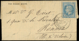 Let BALLONS MONTES - N°29B Obl. Etoile 15 S. Gazette N°14, Càd R. Bonaparte 8/12/70, Arr. RENNES 18/12, TB. LE Gal RENAU - War 1870
