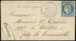 Let BALLONS MONTES - N°37 Obl. Etoile 15 S. DEPECHE BALLON N°20, Càd R. Bonaparte 7/1/71, Arr. LA TRIMOUILLE, TTB. LE DU - War 1870