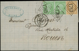 Let AFFRANCHISSEMENTS ET COMBINAISONS - N°35 Et 59, 5c. Vert S. Bleu (2) Et 15c. Bistre, Obl. GC 1769 S. LAC, Càd T17 LE - 1849-1876: Klassik