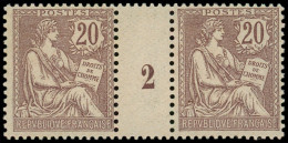 ** EMISSIONS DU XXème SIECLE - 126   Mouchon Retouché, 20c. Brun-lilas, PAIRE Mill.2, TTB - Unused Stamps