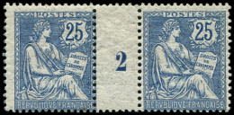 * EMISSIONS DU XXème SIECLE - 127   Mouchon Retouché, 25c. Bleu, PAIRE Mill.2, Un Ex. ** Décentré, TB - Unused Stamps