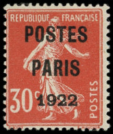 * PREOBLITERES - 32  30c. Rouge, POSTES PARIS 1922, Très Lég. Ch., TB. Br - 1893-1947