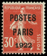 (*) PREOBLITERES - 32  30c. Rouge, POSTES PARIS 1922, TB - 1893-1947
