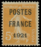 ** PREOBLITERES - 33   5c. Orange, POSTES FRANCE 1921, TB. C - 1893-1947