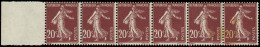 ** ROULETTES - 13  Semeuse Camée, 20c. Lilas Brun, T IV, BANDE Horiz. De 6, Bdf, TB - Coil Stamps