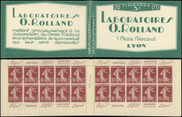 CARNETS (N° Yvert) - 189-C2    Semeuse Camée, 15c. Brun-lilas, N°189, T I, Laboratoires ROLLAND, TB - Autres & Non Classés