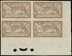 ** VARIETES - 120a  Merson, 50c. Brun Et Gris, NON DENTELE, BLOC De 4 Cdf, 1 Ex. Petite Adh. (compté *), TTB - Unused Stamps