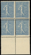 ** VARIETES - 132   Semeuse Lignée, 25c. Bleu, BLOC De 4, DOUBLE PIQUAGE Horizontal, Bdf, TTB - Neufs