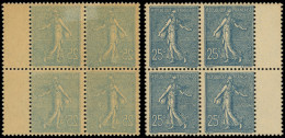 ** VARIETES - 132d  Semeuse Lignée, 25c. Bleu, BLOC De 4 RECTO-VERSO, La Paire Sup. Inf. Ch., Très Frais, TB - Varieties: 1900-20 Mint/hinged