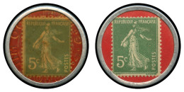 VARIETES - 137   Semeuse Camée,  5c. Vert Foncé Sur Rouge, Timbres-Monnaie CREDIT LYONNAIS Et SOCIETE GENERALE, TB - Oblitérés