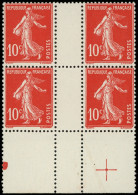 ** VARIETES - 138c  Semeuse Camée, 10c. ECARLATE, BLOC De 4 Interp. Bdf Avec Croix De Repère, TTB. C - Abarten: 1900-20 Ungebraucht