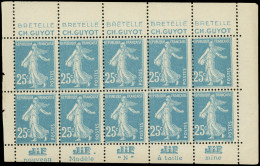 ** VARIETES - 140f  Semeuse Camée, 25c. Bleu, T II, BLOC De 10 Avec Bords Pub GUYOT Et JIF, 1 Ex. Pli De Gomme, Sinon TB - Unused Stamps