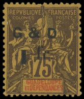 * GUADELOUPE 49Bc : 1f. Sur 75c. Violet Sur Jaune, Chiffre 1 RENVERSE, Surch. Types A Et Q, TB - Altri & Non Classificati