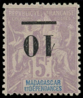 ** MADAGASCAR 49a : 10 Sur 5f. Violet, Surcharge RENVERSEE, Infime Froissure De Gomme, TB - Other & Unclassified