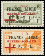 ** SAINT PIERRE ET MIQUELON 310/11 : Oeuvres Sociales, FRANCE LIBRE, F.N.F.L, Surch. Croix-Rouge, TB - Unused Stamps