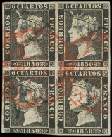 ESPAGNE 1 : 6c. Noir, BLOC De 4 Obl. De La Marque Préphilatélique A De La Ville De BURGOS, 4 Blocs Connus, TB - Used Stamps