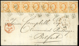 Let PAYS-BAS 3 : 15c. Orange, BANDE De 5 Et BANDE De 3 Tous Obl. FRANCO S. LAC, Càd ROTTERDAM, LONDON 14/3 Et Arr. BELFA - Storia Postale