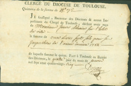 Quittance Reçu Du Clergé Du Diocèse De Toulouse 11 Livres 7 Sols Du 4 1 1785 Signé Dejean Taxe Du Clergé Ancien Régime - ... - 1799