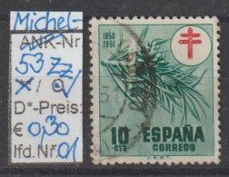 1950 - SPANIEN - FM/DM/Zz "Kampf Gg. D. Tbc - Föhrenzweig" 10 C Dkl'grün/rot - O  Gestempelt - S.Scan (Zz 53o 01-03 Esp) - Fiscaux-postaux