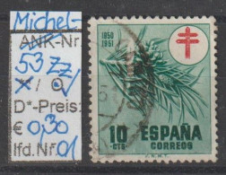 1950 - SPANIEN - FM/DM/Zz "Kampf Gg. D. Tbc - Föhrenzweig" 10 C Dkl'grün/rot - O  Gestempelt - S.Scan (Zz 53o 01-03 Esp) - Fiscali-postali