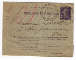 PARIS 118 R D'Amsterdam Enveloppe Pneumatique 30c Semeuse Violet 42 Villes Type IV Yv EPP3 St K17 - Neumáticos