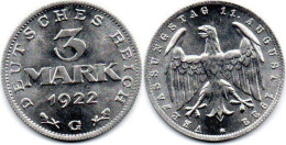 Allemagne - Deutschland - Germany 3 Mark 1922 G UNC - 3 Marcos & 3 Reichsmark