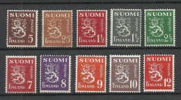 FINNLAND FINLAND 1930-1950 Small Lot Coat Of Arms Wappenlöwe, 10 Stamps, * - Neufs