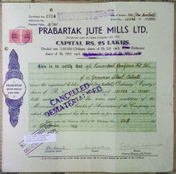 INDIA 1963 PRABARTAK JUTE MILLS LIMITED, JUTE INDUSTRY.....SHARE CERTIFICATE - Industrie