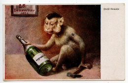 Austria 1921 Postcard Art Painting Of Monkey With Bottle Of Cognac - New Year - Apen