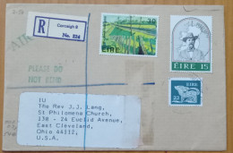 IRELAND 1981, REGISTER COVER, USED TO USA, MAP, LEADER ROSA PORTRAIT, PAINTING, CORCAIGH TOWN & CLEVELAND.CITY CANCEL, - Cartas & Documentos