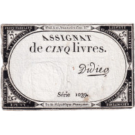 France, 5 Livres, An 2, SERIE 1039, TTB, KM:A76, Lafaurie:171 - Assignate