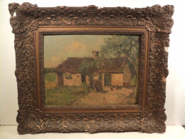 Ancien Tableau Paysage Ferme Poules Barbizon XIXème - Olieverf