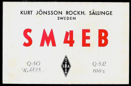 1956 Carte QSL SWEDEN SVERIGE - Kurt JÖNSSON ROCKH, SÄLLINGE - SM4EB - Other & Unclassified