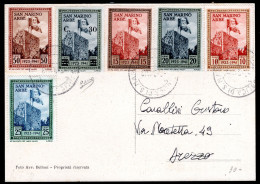 1943  C.10+15+20+25+50 + 30 C. SU 20C.  SASS.215/219+226 DELLA SERIE ARBE SU CARTOLINA DA SAN MARINO X AREZZO FIRMATO BI - Storia Postale