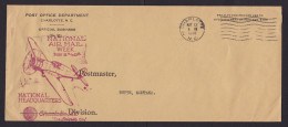 USA: Official Business Cover, 1938, Post Office Department Charlotte NC, Cancel Air Mail Week, Aviation (minor Crease) - Cartas & Documentos