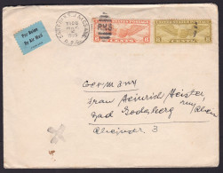 USA: Airmail Cover To Germany, 1935, 2 Stamps, RPO Train Cancel, Small Cross Jusqu'a Cancel (minor Damage) - Cartas & Documentos