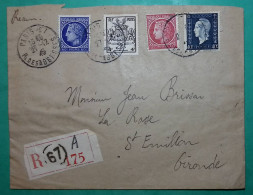 N°674 + 676 + 684 + 735 CERES MAZELIN DULAC ARMOIRIES RECOMMANDE PARIS POUR ST EMILION GIRONDE 1945 LETTRE COVER FRANCE - 1945-47 Ceres Of Mazelin