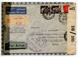 France 1945 Registered Airmail Cover Paris To Montreal, Canada; Censored Twice - Brieven En Documenten