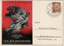 GERMANY THIRD REICH 1938 COMMEMORATIVE  POSTCARD STAMP DAY WITH POSTMARK BREMEN 09.01.1938 - Interi Postali Privati