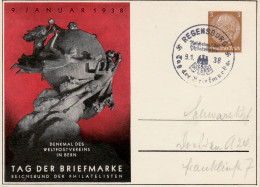 GERMANY THIRD REICH 1938 COMMEMORATIVE  POSTCARD STAMP DAY WITH POSTMARK REGENSBURG 09.01.1938 - Private Postal Stationery
