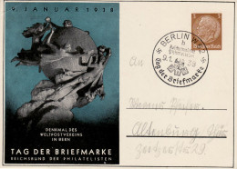 GERMANY THIRD REICH 1938 COMMEMORATIVE  POSTCARD STAMP DAY WITH POSTMARK BERLIN 09.01.1938 - Private Postal Stationery