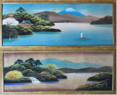 Japon - Paire De Grandes Peintures Sur Soie Avec Paysage Marin Et Le Mont Fuji - 1920 - Gouaches