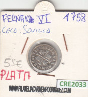 CRE2033 MONEDA ESPAÑA FERNANDO VI SEVILLA 1758 PLATA MBC - Autres & Non Classés